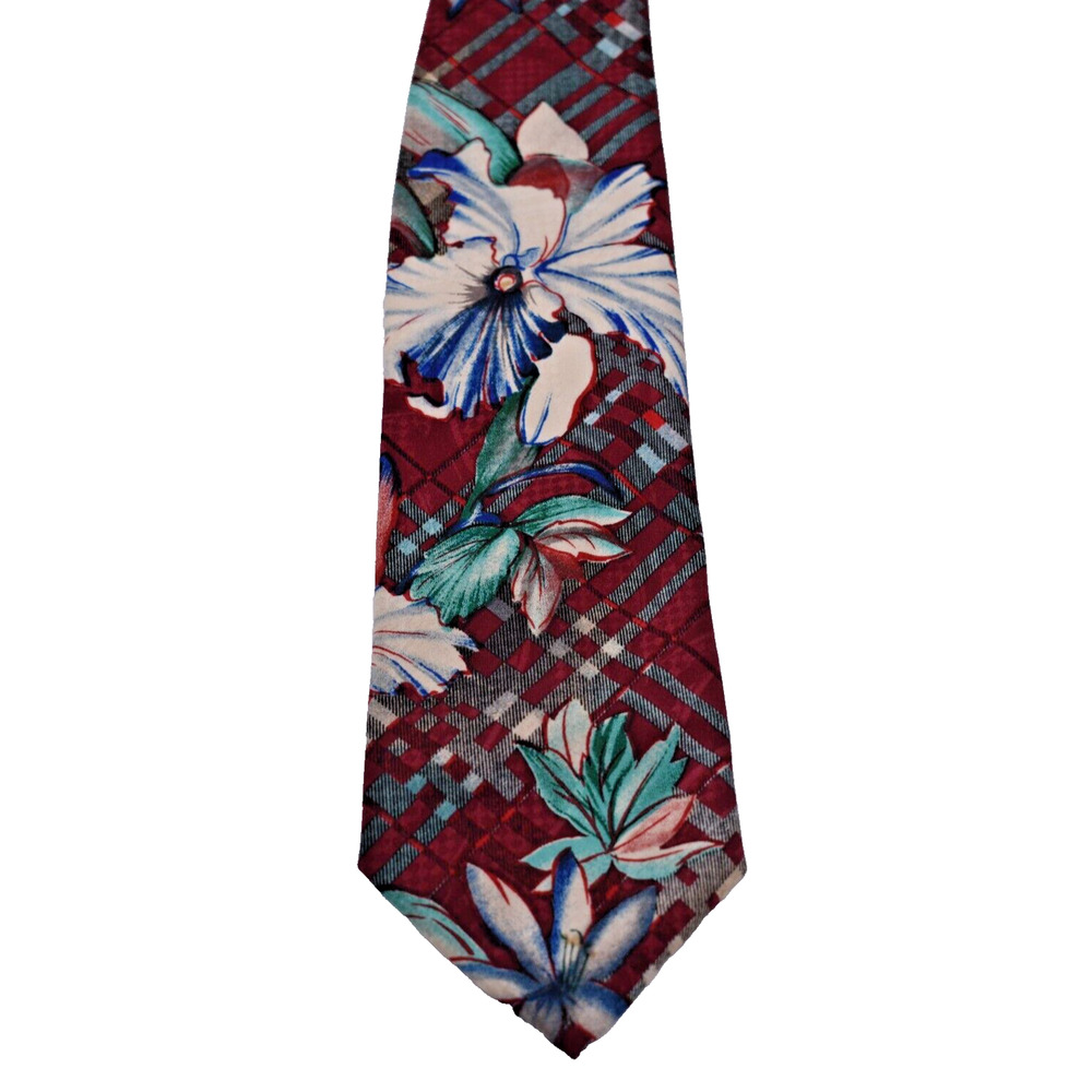 BOTANY 500 Polyester Necktie Neck Tie Red w/ White Iris Floral Print 56" x 3.75"